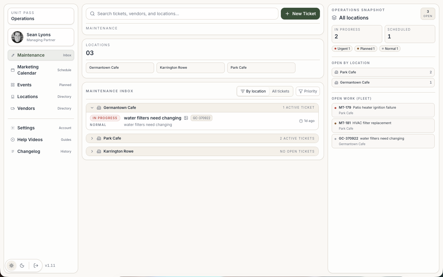 Operational command center showing work orders, vendors, and spend across all restaurant locations